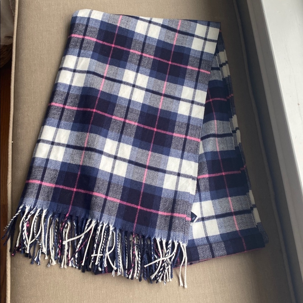 GAP Navy and White Plaid Scarf with Pink Accents